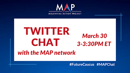 futurecaucus's tweet image. Join MAP’s network for a Twitter chat on March 30th from 3-3:30 PM ET. We will be highlighting what it is like to be a young person in politics, what it means to transcend political polarization, and how we can all work together toward a better future. #MAPChat #FutureCaucus