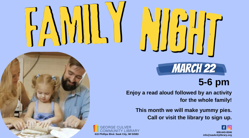 SaukCityLib's tweet photo. This coming Family Night we'll be making pies in honor of pi day! Join us on Wed, March 22, at 5pm, for a read aloud and to make some pies. Visit the library or call us at 608-643-8346 to sign up today! https://t.co/Vr3jXz851D