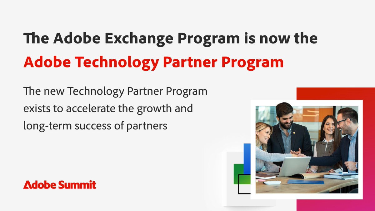 Just announced at #AdobeSummit! As of today, the Adobe Exchange Partner Program is now the Adobe Technology Partner Program. 

Review the 2023 Adobe Technology Partner Program Guide here: bit.ly/tpp-program-gu…

#AdobePartners #AdobeSummit2023