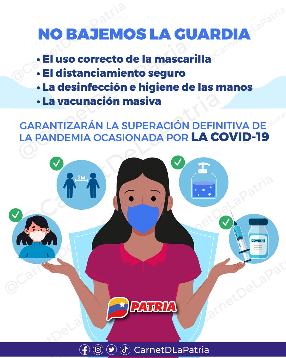 #IMPORTANTE El #SistemaPatria, te recuerda que sigas cuidando tu salud y la de tu familia, con las medidas de bioseguridad. 

¡Usa tu mascarilla, no bajemos la guardia, el virus no se ha ido, cuidémonos!

#JuntosContraLasMafias #20Mar