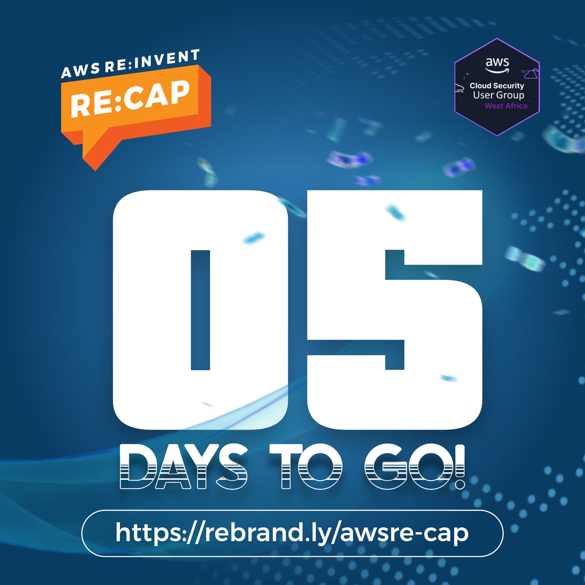 awssecwestafri's tweet photo. Only five more days until the AWS re:cap event, and we couldn't be more excited! With an impressive lineup of speakers, workshops, and prizes to be won, this is an event you won't want to miss. https://t.co/7nBWstzAlM