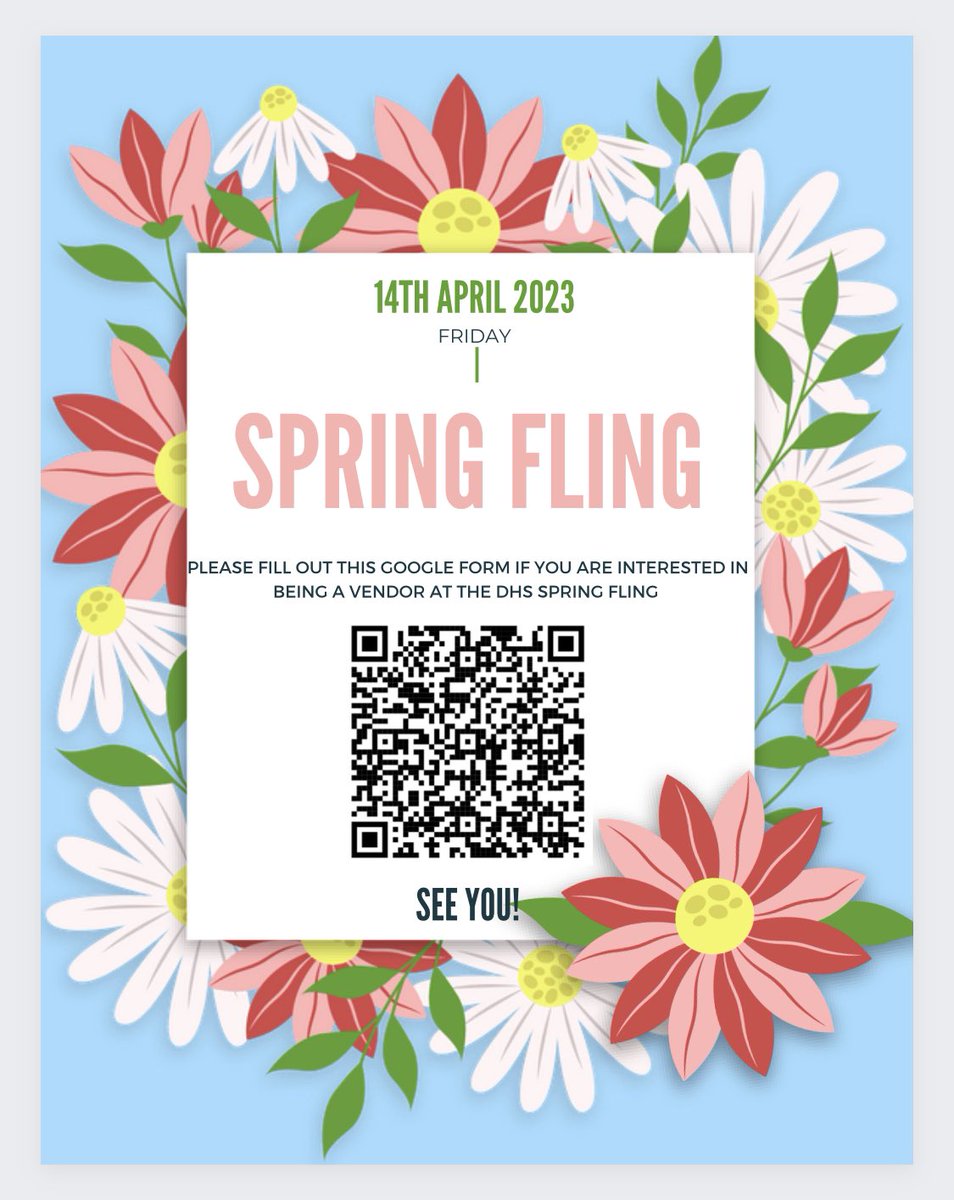 DHSVetScience's tweet photo. 💐Calling all small businesses!! 💐Fill out the QR code if you are interested in becoming a vendor at the DHS Spring Fling on April 14th 5-7pm. Spread the word to business owners and friends! See y’all there! https://t.co/mBiU3LQQKD
