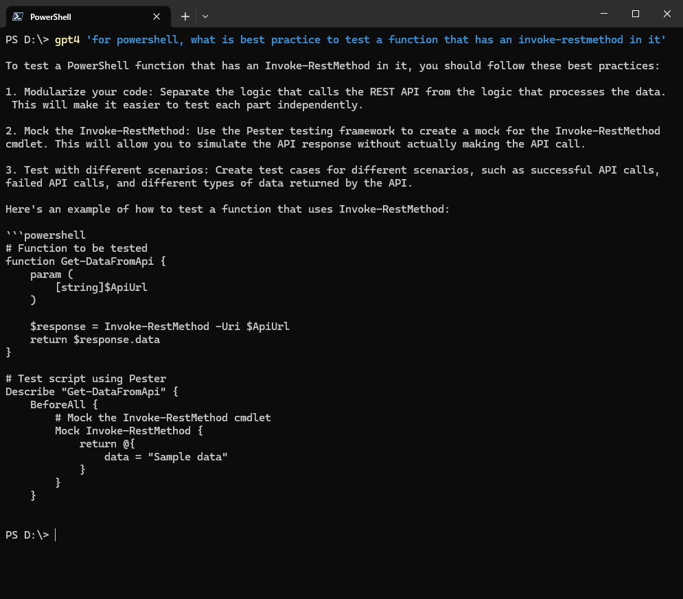 dfinke's tweet image. First pass at integrating #gpt4 into the #PowerShellAI module. I asked gtp4 how to test the new function. 

Not bad for zero-shot prompt. When I get the conversational components wired in, I can ask gpt to refine it, and more. #powershell #chatgpt
