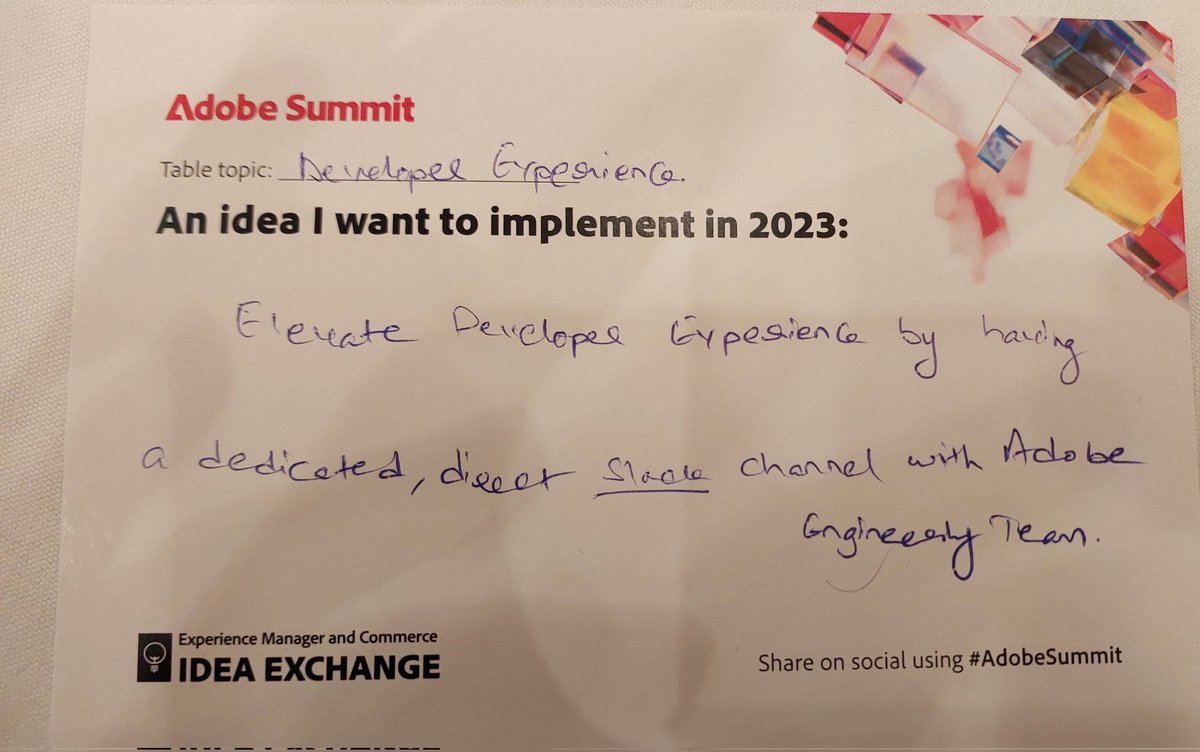 #adobesummit My idea to Adobe to enhance Developer experience by creating a dedicated product based slack channels where as a developer can interact with adobe Engineering teams with SLAs. #aem #adobeexperiencemanager #developerexperience #personalviews