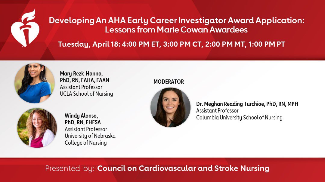 Mark your calendars 📆 CVSN Early Career Committee Presents its 2nd Spring Webinar Tuesday, April 18th, 2023 On Developing Early Career Investigator Award Applications from Marie Cowan Awardees. Must be an AHA member to join. Contact angela.bynum@heart.org for more information.