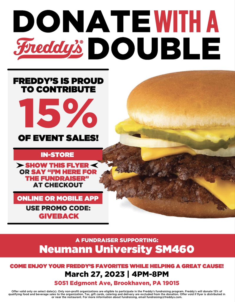 TIME FOR A FUNDRAISER! Fundraiser for Freddy’s on March 27th from 4 to 8 PM! 

Use the promo code "GIVEBACK" at checkout or present the flyer. 

I hope to see you all there!