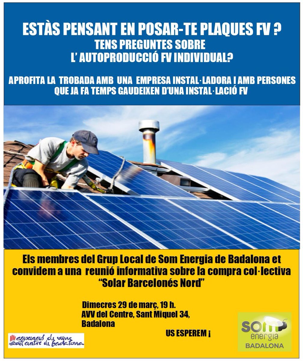 SomEnergiaBDN's tweet photo. Si ets de Badalona i rodalies i tens dubtes sobre l'autoconsum FV, vine el proper 29/03.
Socis de @SomEnergia i una enginyera t'explicaran  com treure el màxim profit de la teva teulada https://t.co/Ajt5tti3Nq