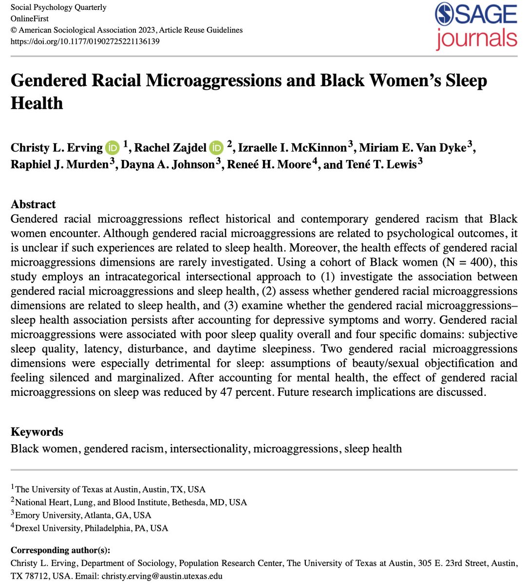 Read “Gendered Racial Microaggressions and Black Women’s Sleep Health” by @ChristyLErving, Rachel Zajdel, Izraelle I. McKinnon, Miriam E. Van Dyke, @MrRJM_Scholar, @DrDaynaAJohnson, Reneé H. Moore and @tenelewis2 in #SPQ @ASAMedSoc @ASA_SREM @ASASocPsych journals.sagepub.com/doi/10.1177/01…