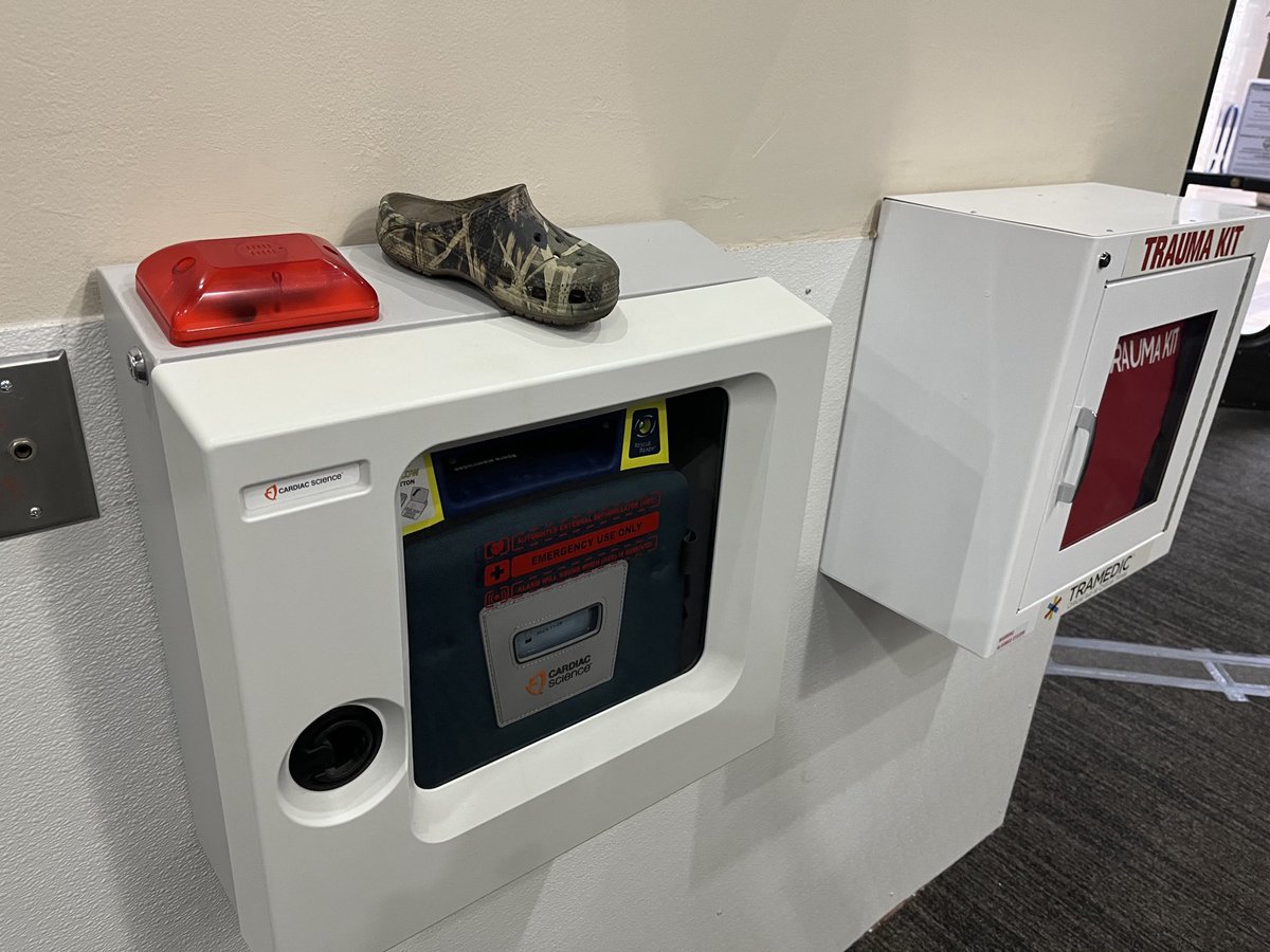 abqdyer's tweet photo. Live from ABQ City Hall: 

A single child-sized, camouflage Croc has been left behind on the lobby defribrillator https://t.co/HtGlDaXCnY