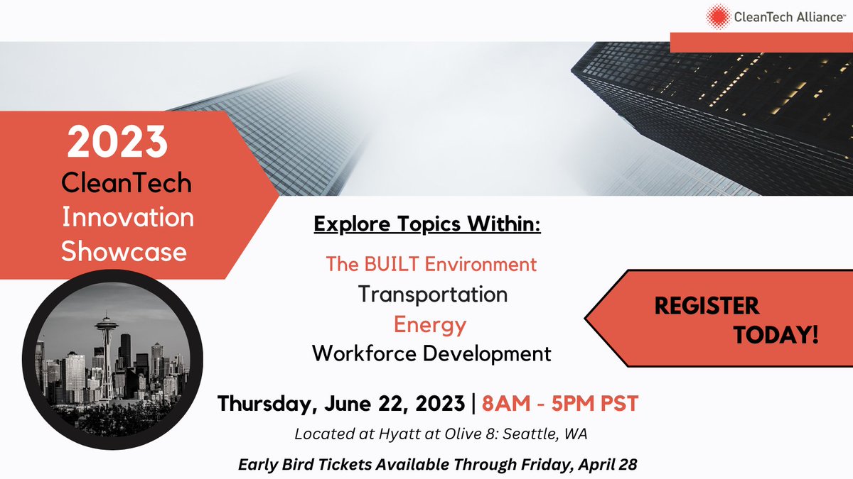 wacleantech's tweet photo. The 2023 #CleanTechShowcase returns on Thursday, June 22 at our new eco-friendly venue: @Hyatt at Olive 8 in #Seattle!
Secure your Early Bird ticket pricing by Friday, April 28: https://t.co/kTiIUDtsd8
#BuiltEnvironment #Transportation #Energy #WorkforceDevelopment #Innovation https://t.co/sLigTxd3ea