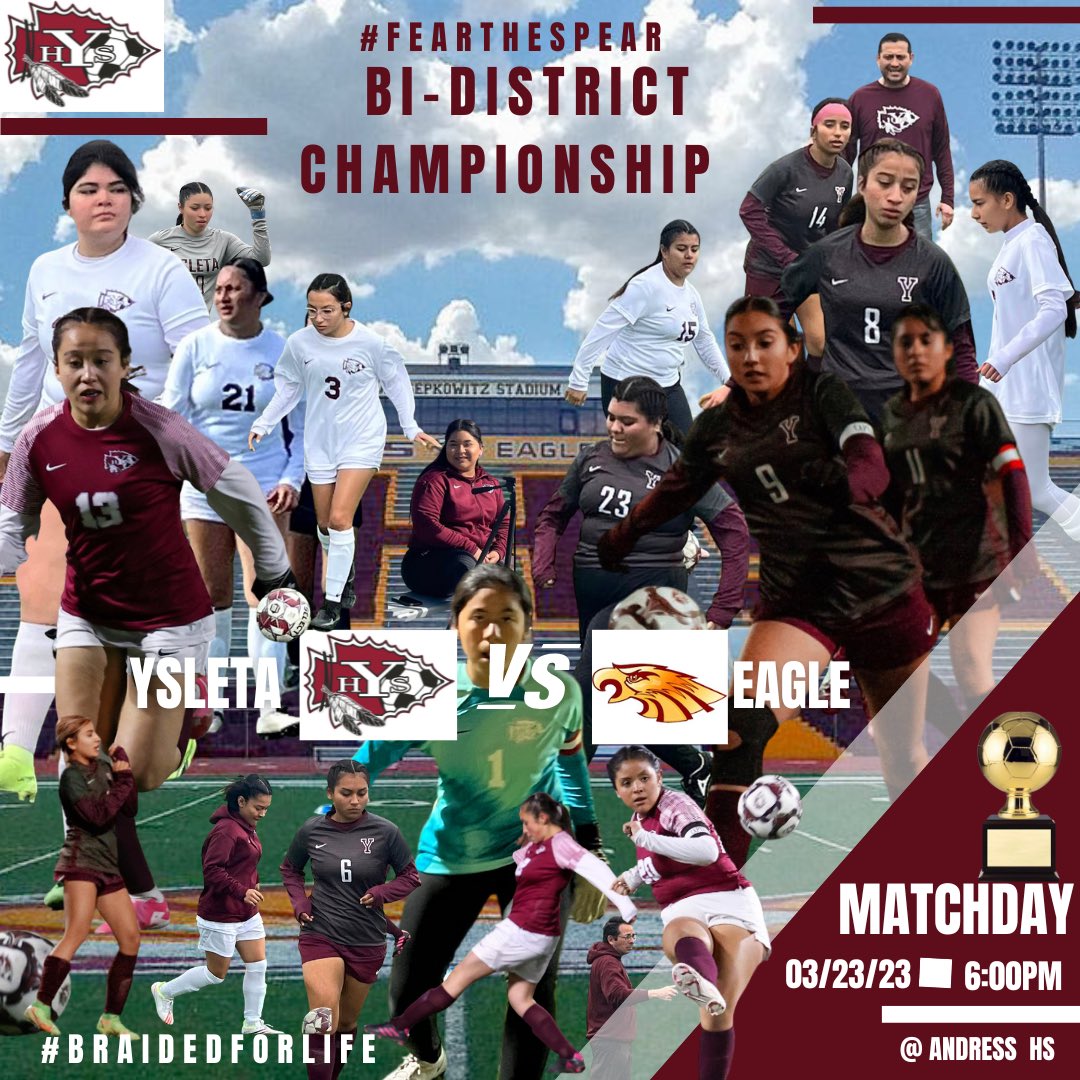 Our young, strong and passionate <a href="/Ysleta_W_Soccer/">YsletaWomen’sSoccer</a> squad is back after a 9 year absence. Ready to battle one tough Eagles for 🏆.Sí Se Puede! #FeartheSpear #Braidedforlife #BowUp <a href="/YsletaHS/">Ysleta HS</a> <a href="/YsletaSports/">Ysleta HS Athletics</a> <a href="/enevarez99/">enevarez</a> <a href="/Prep1USA/">PREP1</a> <a href="/Fchavezeptimes/">Felix Chavez</a> <a href="/tascosoccer/">TASCO</a> <a href="/EPSoccer915/">EP Soccer 915</a> <a href="/LJ_Calderon_/">Judith Calderon</a>