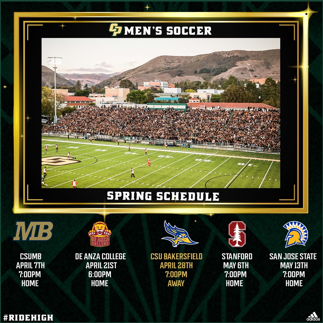 CPMensSoccer's tweet photo. Cal Poly's 2023 spring schedule features four of five matches at home. Action begins on Friday, April 7 versus Cal State Monterey Bay at 7 p.m.
#RideHigh
https://t.co/xmlKuAIgI2 https://t.co/sijJSIPfLM