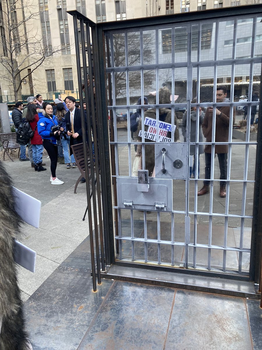 oneunderscore__'s tweet photo. A lot of these pro-Trump protesters are repeat attenders from yesterday’s NYC drag queen story hour protest, which the Proud Boys went to and were shooed away by locals.

The man in the rat costume in front of the fake jail tourist trap with me here? He’s one of them. https://t.co/rwFyf8ba53