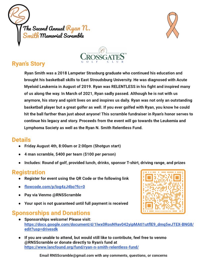 It’s back for year 2! Sign up for the Second Annual Ryan N. Smith Memorial Scramble with the link in our bio to reserve your spot. Please help us spread the word! If you have any questions or are interested in sponsoring this event, send us a DM!