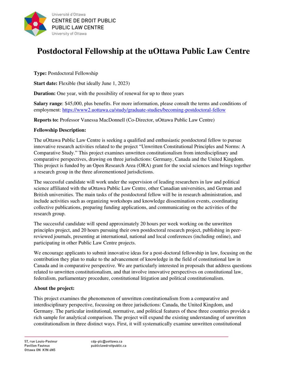 We are recruiting a post-doctoral fellow and a doctoral fellow for our Open Research Area-funded project on unwritten constitutional norms and principles. Please share far and wide, and/or consider applying. Deadline April 30. 
Post-doc: publiclawdroitpublic.ca/wp-content/upl…