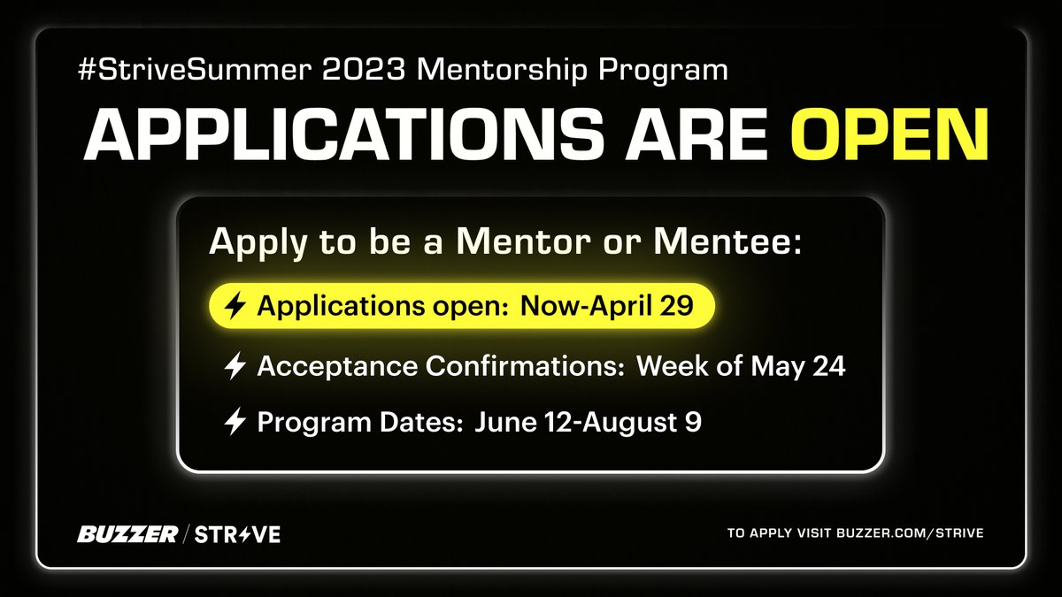 🚨 #StriveSummer2023 Mentor & Mentee program is BACK! ⚡️ Our 5-session program helps build the connection between college students of color with professionals across Sports, Entertainment, Media, Tech & VC For more info & to apply➡️: buzzer.com/strive