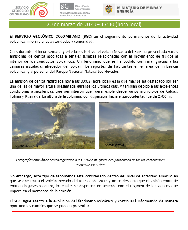 sgcol's tweet photo. El SERVICIO GEOLÓGICO COLOMBIANO en el seguimiento permanente de la actividad volcánica, informa a las autoridades y comunidad:
Que, durante el fin de semana y este lunes festivo, el volcán Nevado del Ruiz ha presentado varias emisiones de ceniza.
https://t.co/beC47fr5E3 https://t.co/hO5U2ZDgh0