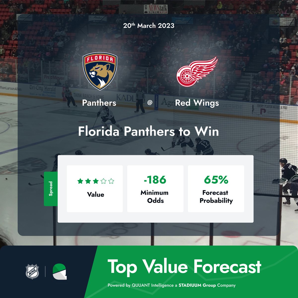 🚨 Top Value Forecast 

Florida Panthers to Win🏒

The Panthers visit the Red Wings, with a forecasted 65% probability of a Panthers Win. 

QUUANT forecasts use AI driven, sport specific algorithmic modelling📈 

⚡️𝙋𝙤𝙬𝙚𝙧𝙚𝙙 by QUUANT.io 

#NHL