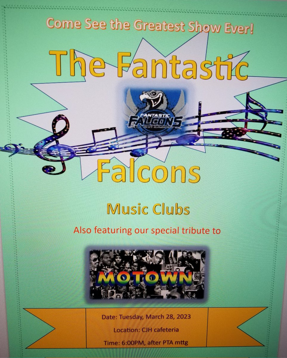 🎵Get Ready for a Motown Celebration🎵 with the Fantastic Falcons Music Club <a href="/CJHicksElem/">CJ Hicks</a> March 28~6pm <a href="/PrincipalCJHES/">Dr. Erica Wakefall</a> <a href="/RCPSFineArts/">RCPS_Fine_Arts</a> <a href="/RockdaleSchools/">Rockdale County Public Schools</a>