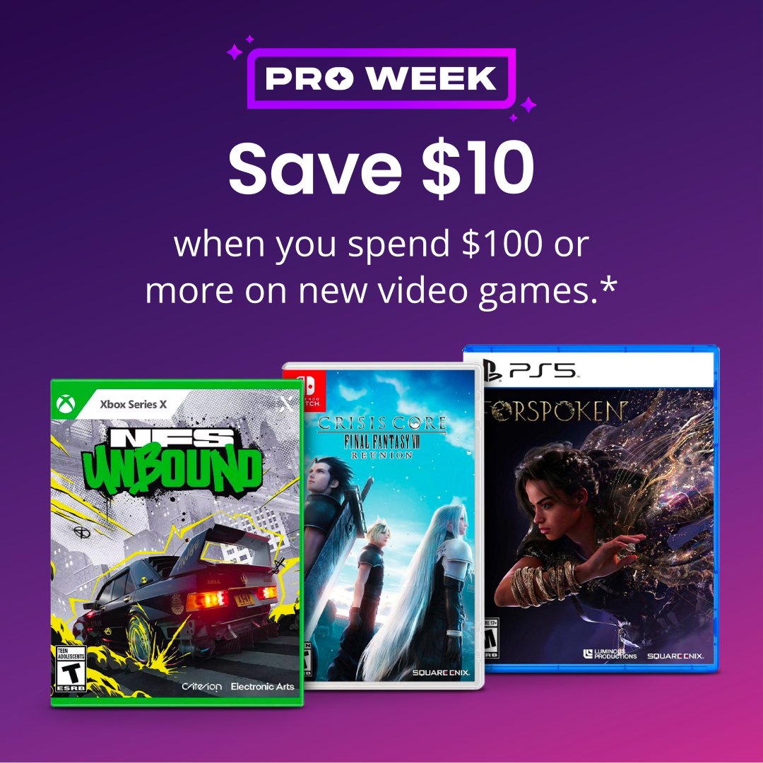 gamestop's tweet photo. Pros, now is the time to stock up on those backlog games. This week, spend $100 or more on new video games and get $10 off your purchase!

Browse games now: https://t.co/6glIF0yG0U https://t.co/ozYX8h5pOl