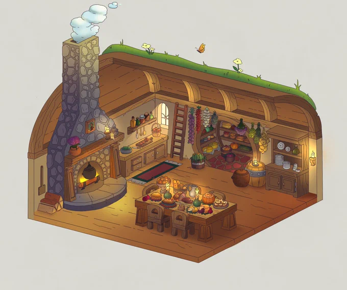 A cute hobbit kitchen from an exercise I did a while back! #conceptart #backgrounddesign 