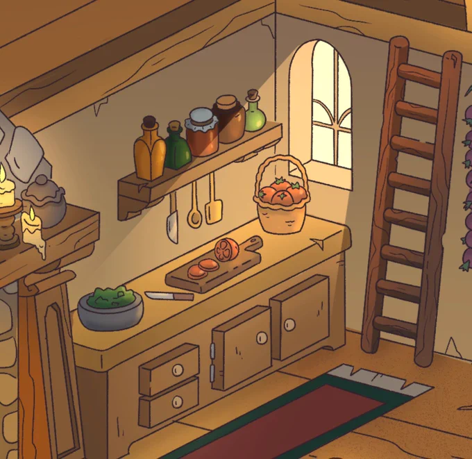 A cute hobbit kitchen from an exercise I did a while back! #conceptart #backgrounddesign 