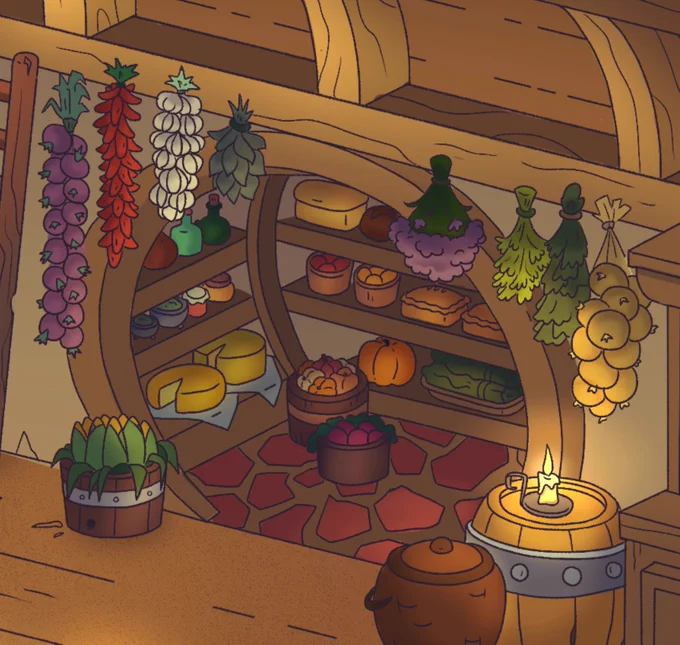 A cute hobbit kitchen from an exercise I did a while back! #conceptart #backgrounddesign 