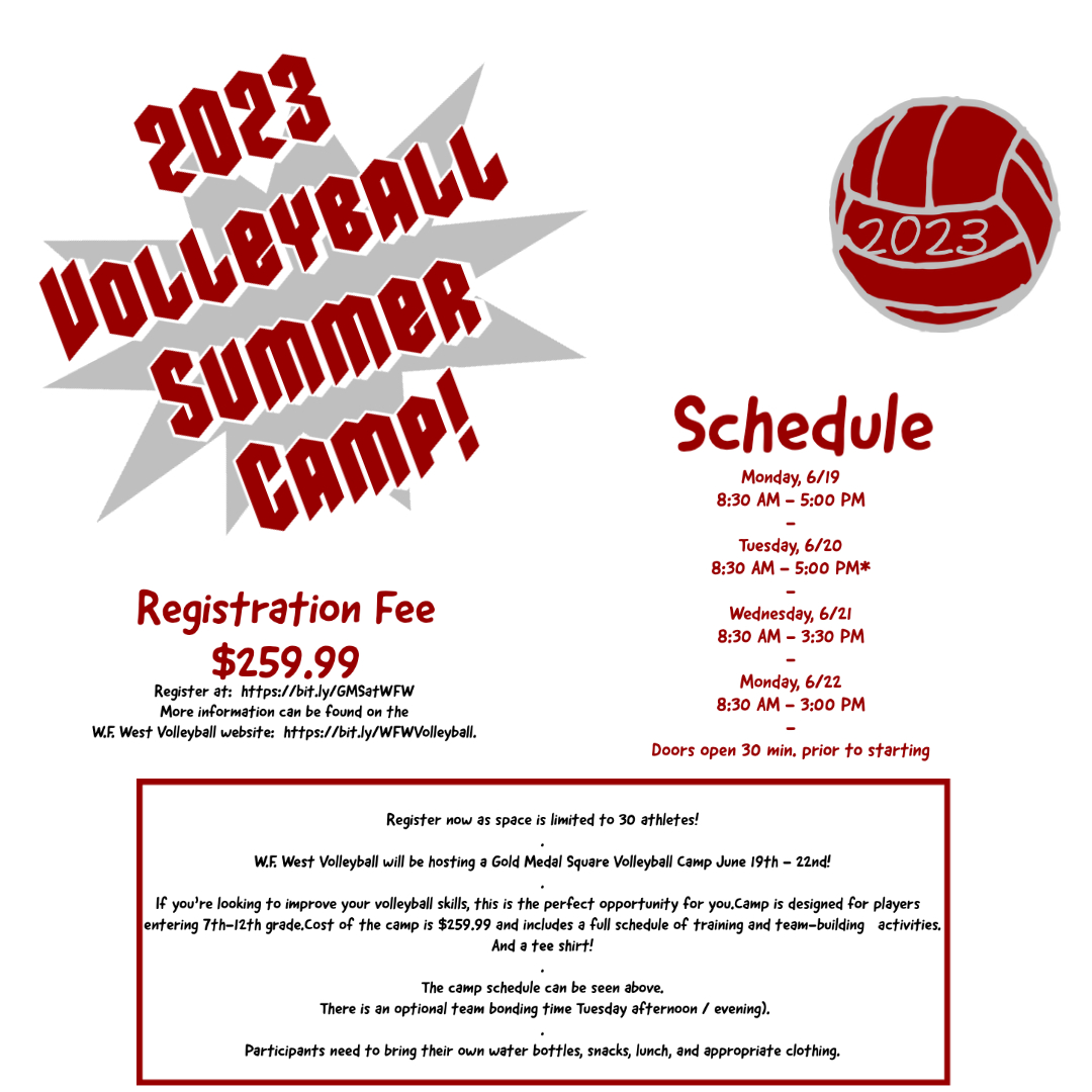 WFWVolleyball's tweet photo. Great news! We are hosting a Gold Medal Square Volleyball Camp on June 19-22!  Camp is for all incoming 7th-12th graders.  Check the schedule for times.  Register here - https://t.co/ThW3x7lzyK . https://t.co/ELRgWoqshb