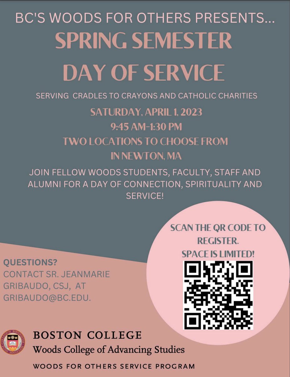 BCWoodsCollege's tweet photo. There’s still time to join the Spring Semester Day of Service, serving Cradles to Crayons and Catholic Charities on Saturday, April 1, 2023 at 9:45 a.m. Sign up here! https://t.co/9thmTpiIou

#BCWoods #BostonCollege #WoodsforOthers #service #cradlestocrayons #catholiccharities https://t.co/Ypapfn7JVN