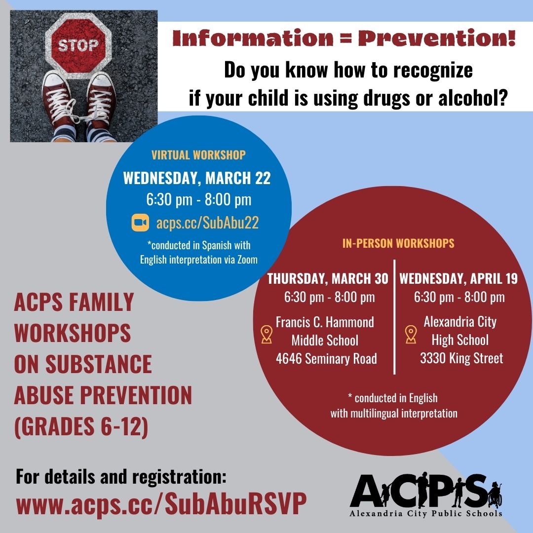 ACPSk12's tweet photo. The first spring workshop on substance abuse hosted by ACPS is this Wednesday (March 22, 2023). Join us 6:30-8 p.m to learn about the signs and symptoms of substance abuse and available resources. Sign up on ParentSquare to receive the Zoom link: https://t.co/uBEGeBR5pV https://t.co/91vkYPu9SW