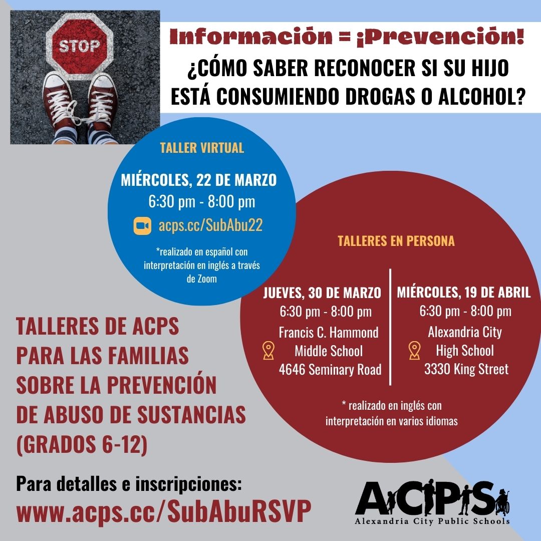 ACPSk12's tweet photo. The first spring workshop on substance abuse hosted by ACPS is this Wednesday (March 22, 2023). Join us 6:30-8 p.m to learn about the signs and symptoms of substance abuse and available resources. Sign up on ParentSquare to receive the Zoom link: https://t.co/uBEGeBR5pV https://t.co/91vkYPu9SW