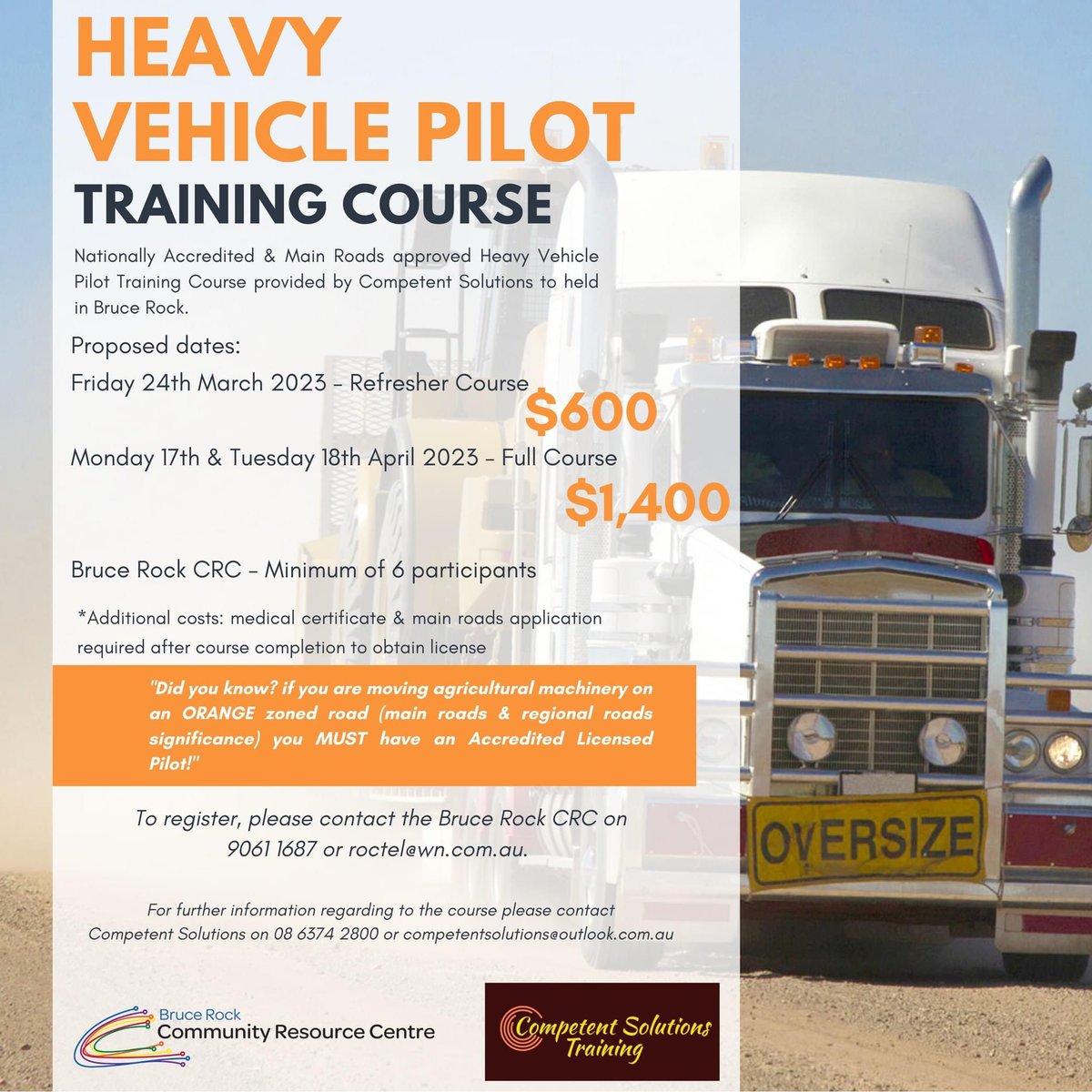 bruce_rockCRC's tweet photo. Need a Heavy Vehicle Pilot Licence before seeding? Competent Solutions will be coming to Bruce Rock to provide both the refresher course &amp; the 2-Day Heavy Vehicle Pilot Training Course 
Min of 6 participants
$1,400 2-Day Course
$600 Refresher Only
‼REGISTRATIONS ARE ESSENTIAL https://t.co/oQ2gItsT0G