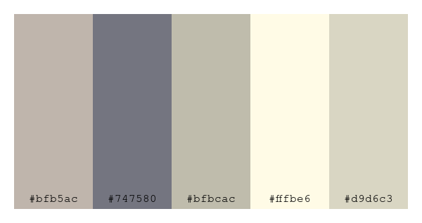 ColPaletteBot's tweet photo. Beep beep, here's a pretty color palette for you!
color-scheme.js parameters used:
- hue: 248
- variation: pale
- colors: #bfb5ac, #747580, #bfbcac, #fffbe6, #d9d6c3
Have a lovely evening!
#twitterbot #colorpalette #colors #palette #prettycolors https://t.co/mk91Va1fGR