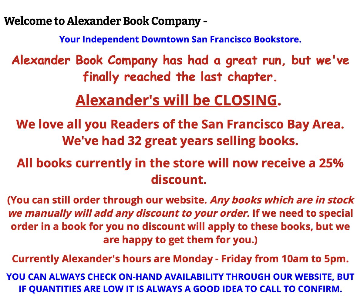supermarke's tweet photo. Ack! Just heard that Alexander Book Company downtown is closing at the end of next month :/// They're marking down prices starting tomorrow so get in there and support, and thanks to Bonnie and team. A go-to holiday shopping hub 😫😫 https://t.co/9YO67AInOW https://t.co/dtzHvb3u6O