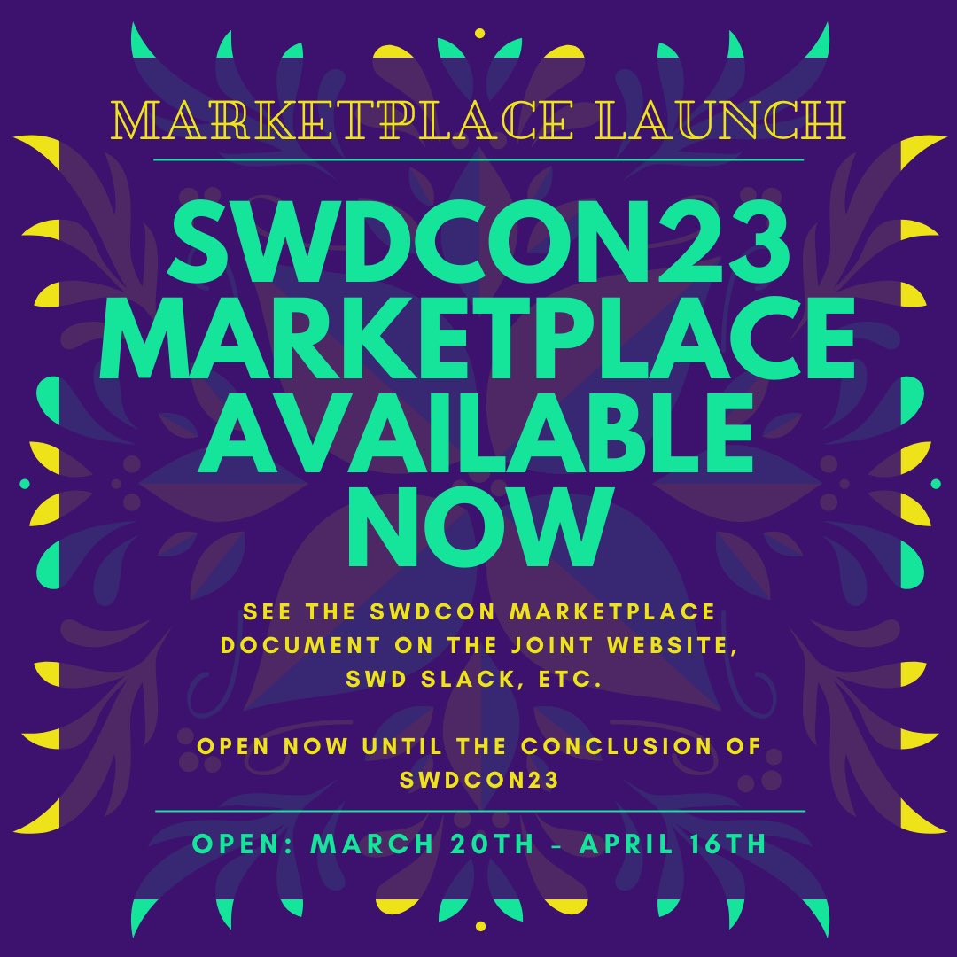 SWDMal's tweet photo. The #SWDCON23 Marketplace is AVAILABLE NOW! You can find the document on the joint website, on the district slack channels, or via the link in our bio. Please take the time to support our chapters/vendors! If you have questions about the document, please do not hesitate to ask! https://t.co/njD9DH4pmY
