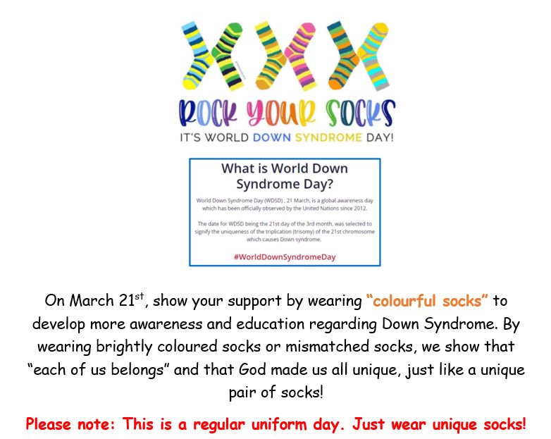 stgaces's tweet photo. Students are encouraged to wear brightly coloured, mismatched socks to promote awareness regarding Down syndrome. It is still a school uniform day and we encourage all to participate - showing that “Each Belongs” and are all unique and special human beings made in God’s image. https://t.co/J7OIzBCe8y
