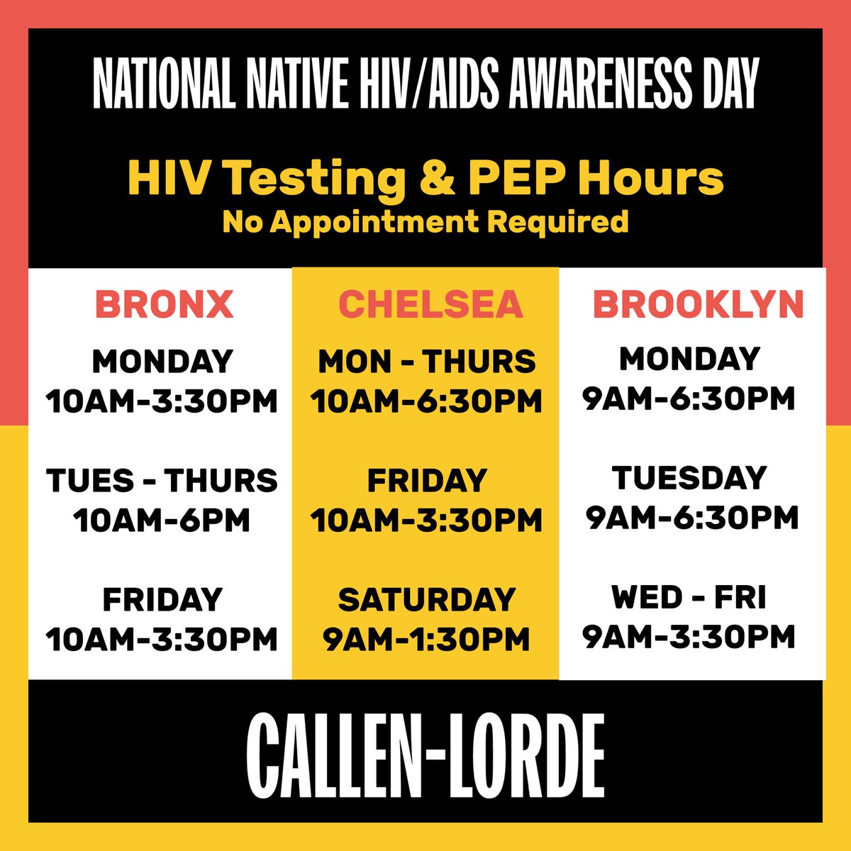Today is National Native HIV/AIDS Awareness Day. Indigenous communities are disparately impacted by HIV/AIDS, STIs, and viral hepatitis due to systemic health inequities. 

Reminder: Callen-Lorde offers free HIV testing & PEP services  - no appointment required! 

#NNHAAD
