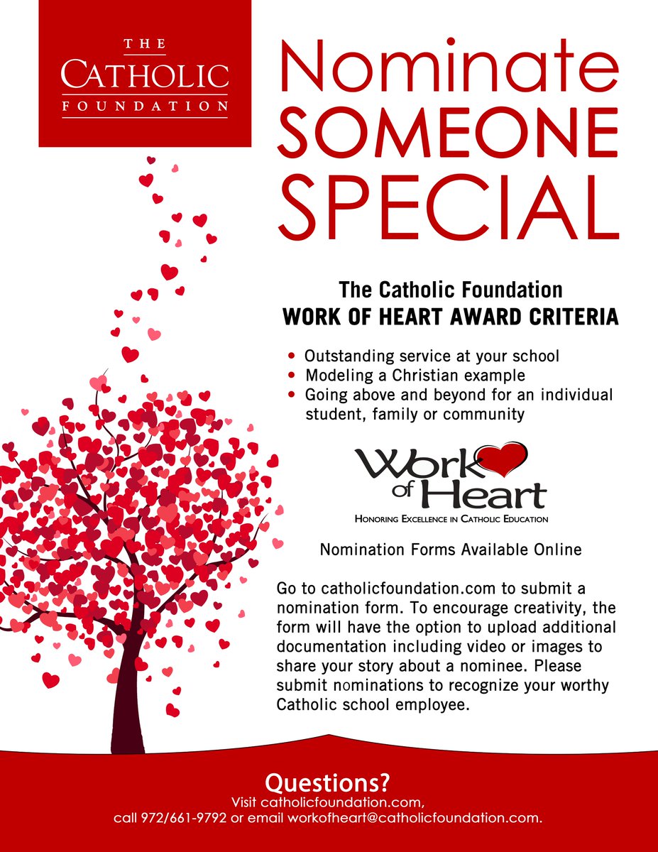 CatholicFnd's tweet photo. We're in our 18th year of recognizing wonderful full-time employees at Dallas area Catholic schools with Work of Heart Awards. We look forward to receiving your submissions &amp; presenting #WorkOfHeart Awards to recipients who are making a huge difference in the region. #Catholic https://t.co/0R0pdDkoax