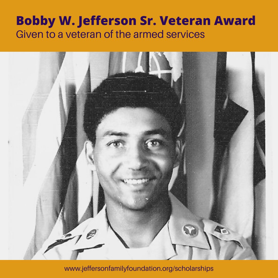 JeffersonFamfdn's tweet photo. SCHOLARSHIP ALERT!!!

Today we highlight the Bobby W. Jefferson Sr. Veteran Award. This award is named in our of our founder's father who is an army veteran. 

Visit for eligibility and more info:

https://t.co/V5I8M9sWXZ https://t.co/NCnVbYH0Te
