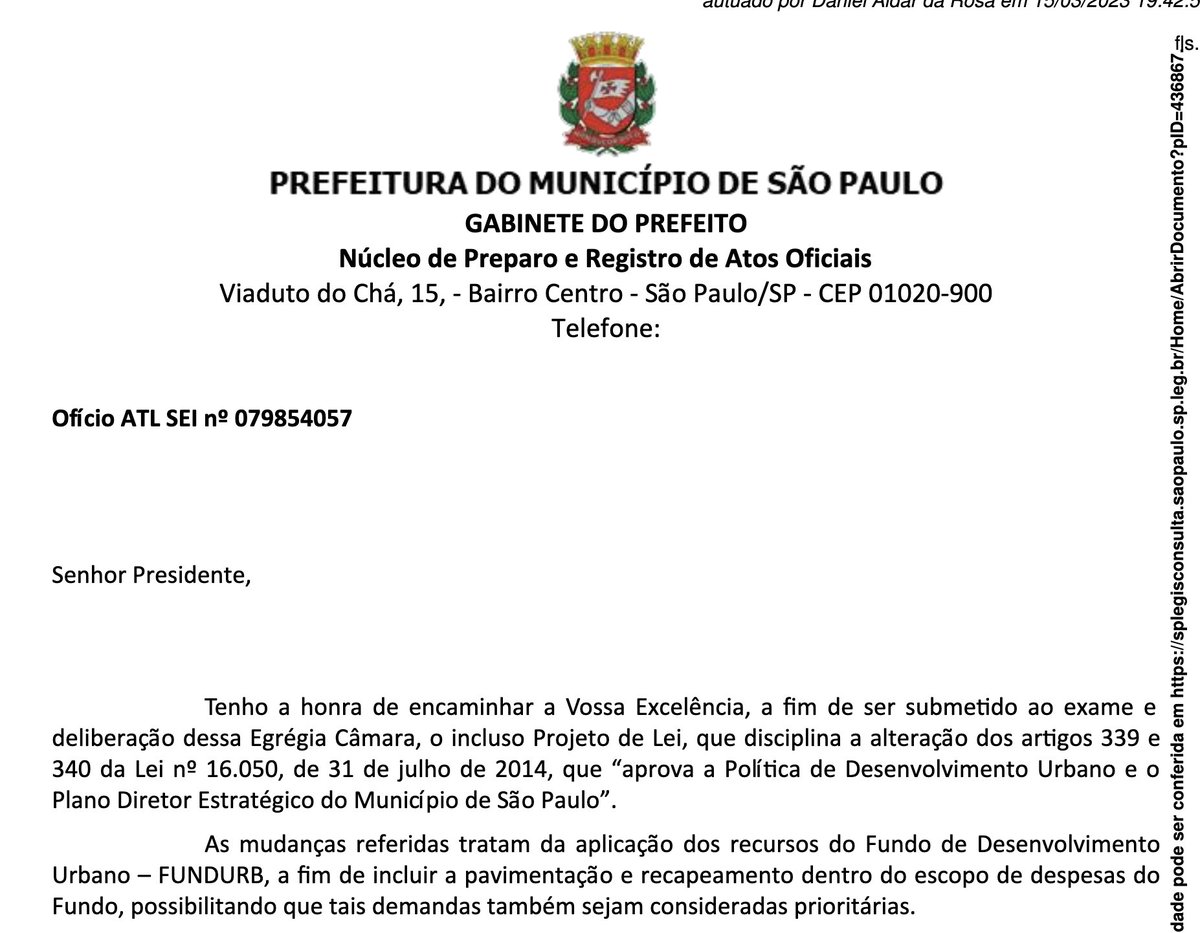 [FUNDURB]

no dia 15 de março, o prefeito Ricardo Nunes enviou à Câmara um projeto de lei para alterar as regras de uso dos Fundo de Desenvolvimento Urbano da cidade. o PL altera o plano diretor. sim, no momento em que revisamos o plano, o prefeito faz uma proposta por fora. +