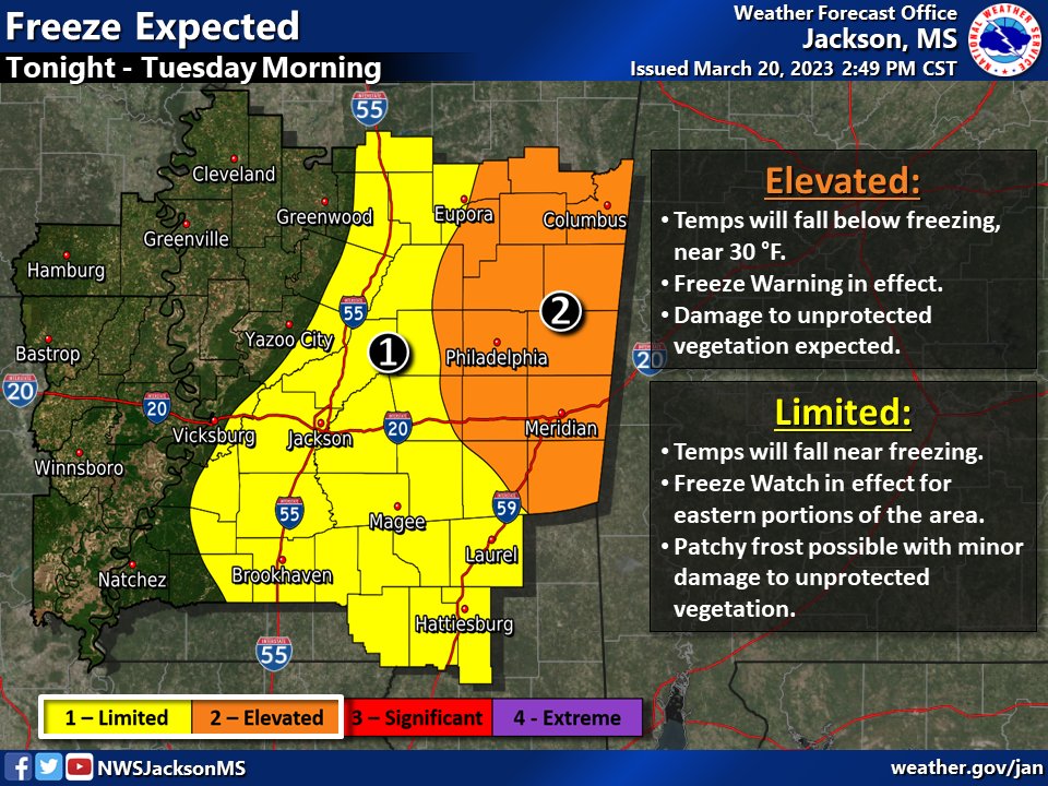 NWSJacksonMS's tweet photo. We have one more freezing night to contend with, but this time it will be mostly confined to east of I-55. Warmer temperatures are on the way for mid to late week. https://t.co/Djo6wvxHHh