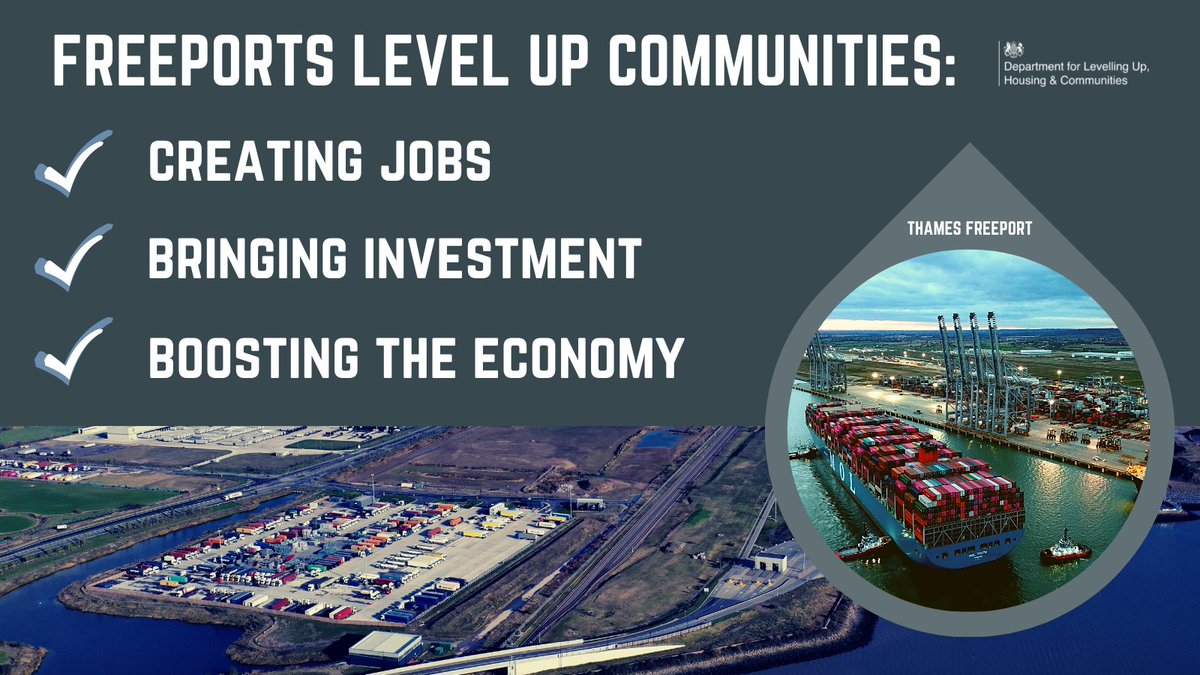 mhclg's tweet photo. Thames Freeport is getting up to £25 million in government funding. 

This will drive development, create new high-quality jobs &amp; unlock much-needed investment to boost the local economy &amp; create opportunities for local people. 

More ▶️ https://t.co/tYiXdkI26e https://t.co/7FztNlgRA5