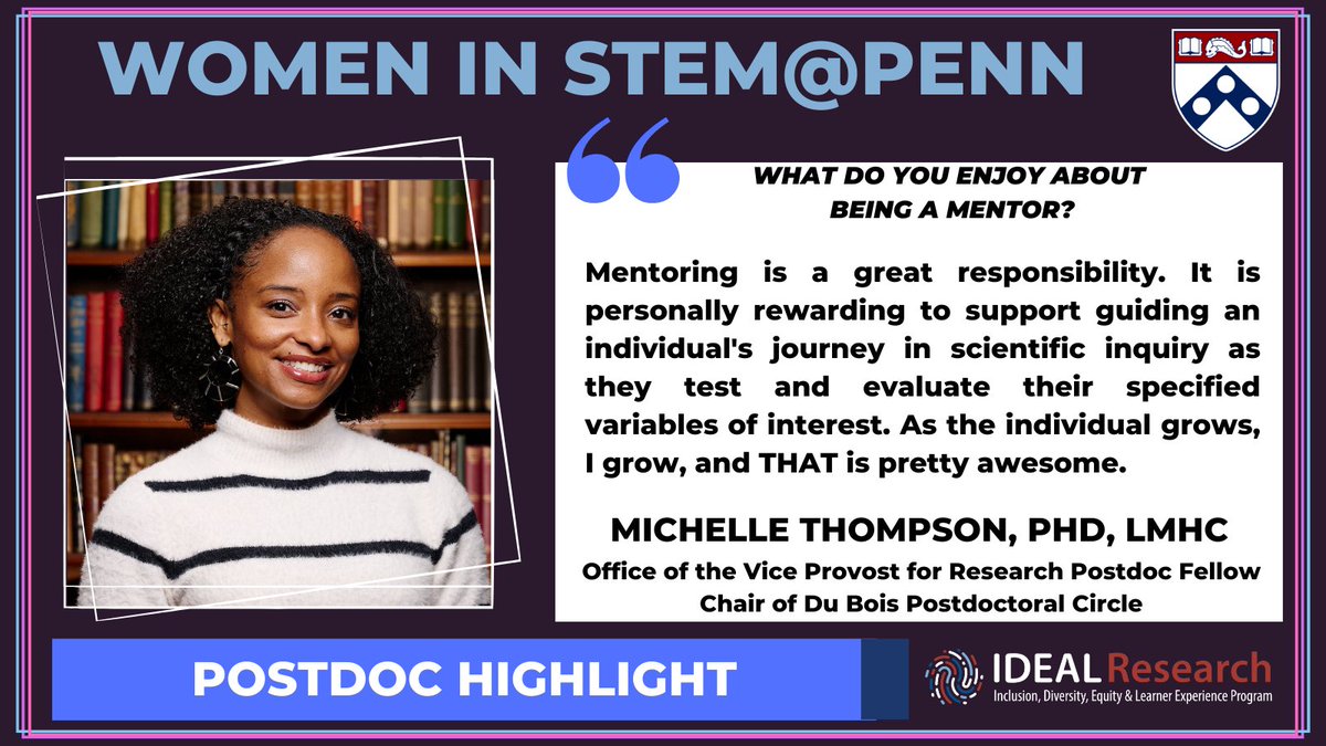 Research Trainee Affairs at Penn Medicine (@rtaatpennmed) on Twitter photo Continuing our #WomenInSTEM highlights, we spotlight Michelle Thompson, PhD, LMHC <a href="/ProfessorKiddo/">Michelle 'Prof. Kiddo' Thompson</a> (BA, MS, PhD <a href="/FIU/">FIU</a>), a Vice Provost for Research Postdoctoral Fellow <a href="/PennOVPR/">Penn OVPR</a> in the Behavioral Sleep Medicine prog. in the Dept. of Psychiatry 🙌 <a href="/duboiscircle/">Du Bois Postdoctoral Circle</a> <a href="/PennPPA/">Penn Postdoctoral Association</a> Continuing our #WomenInSTEM highlights, we spotlight Michelle Thompson, PhD, LMHC <a href="/ProfessorKiddo/">Michelle 'Prof. Kiddo' Thompson</a> (BA, MS, PhD <a href="/FIU/">FIU</a>), a Vice Provost for Research Postdoctoral Fellow <a href="/PennOVPR/">Penn OVPR</a> in the Behavioral Sleep Medicine prog. in the Dept. of Psychiatry 🙌 <a href="/duboiscircle/">Du Bois Postdoctoral Circle</a> <a href="/PennPPA/">Penn Postdoctoral Association</a>