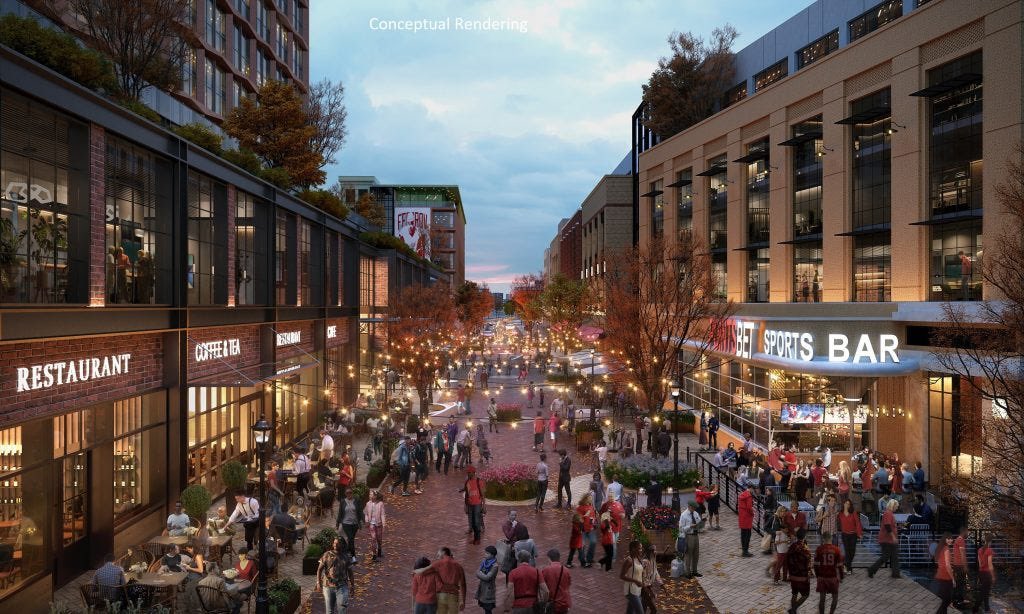 DE_Gifford's tweet photo. If I took $400M in subsidies 10 years ago to build an arena &amp; an entertainment district around it and all I had to show for it was this, I’d have a hard time coming back to ask for $800 million. Don’t given them another dime for District II until District I is finished. https://t.co/brLnI7r226