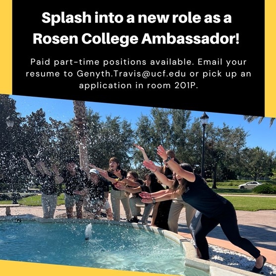 We need students to work with the Undergraduate Admissions Ambassador Team. This is a great way to showcase your school spirit and share your campus experience with Future Knights. This is a paid, part-time position for 2023-24. E-mail Genyth.travis@ucf.edu for more information.