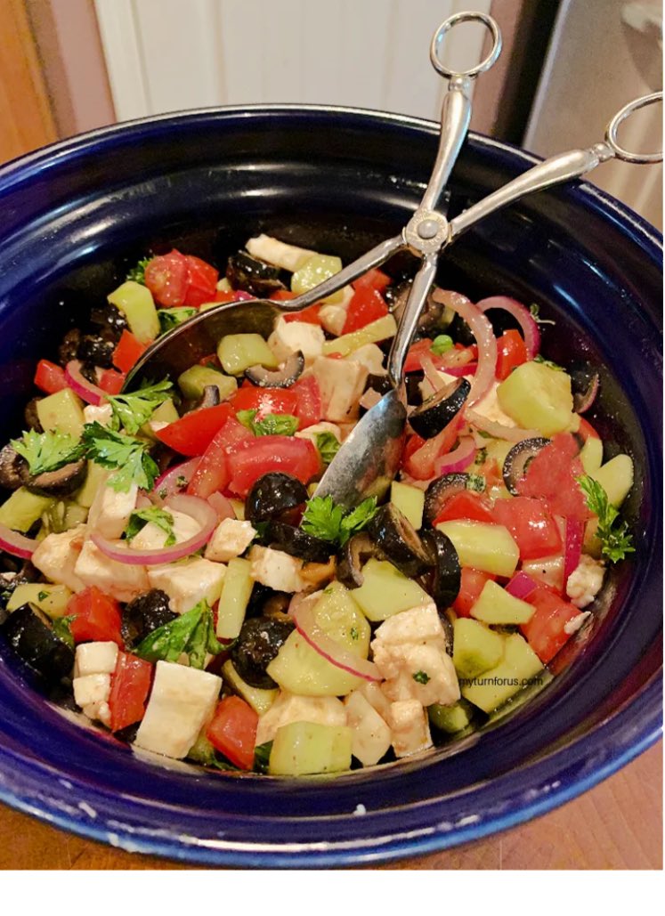 A Tomato Cucumber Olive Salad Recipe with mozzarella. This delicious garden vegetable salad is seasoned with a homemade light vinaigrette dressing. #FreshSalad #SpringVegetables #Basil 
Recipe>> myturnforus.com/mozzarella-tom…
