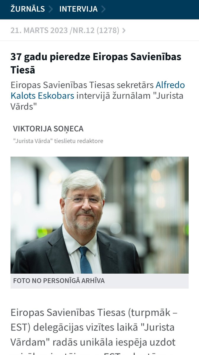 Šodien @Jurista_Vards lasāma arī intervija ar @EUCourtPress sekretāru Alfredo Kalotu Eskobaru. Šī ir patiesi interesanta intervija, kuras ietvaros tiek stāstīts par tiesas darbu un iespējām tur strādāt. Man bija tas gods intervēt Eskobara kungu: m.juristavards.lv/doc/282981-37-…