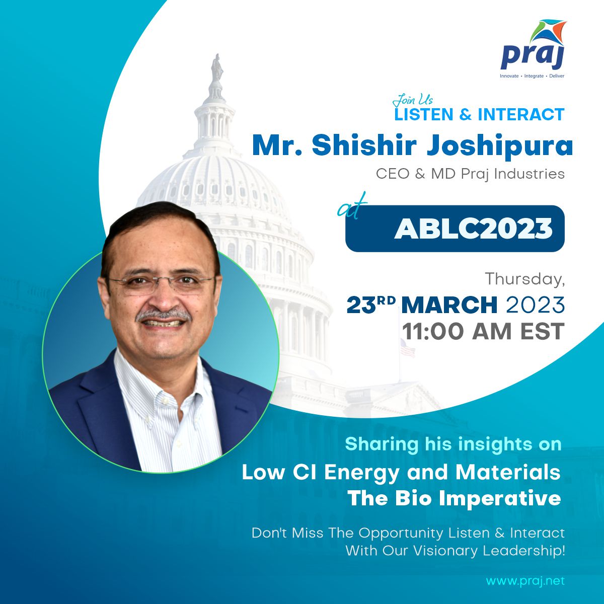 PrajIndustries's tweet photo. Don't Miss the Opportunity to Listen & Interact with our visionary leadership!
Mr. @joshipuras , CEO & MD of Praj Industries has been invited to deliver a keynote address at #ABLC2023. (1/2)
@bdigest
#FuelTheChange #Bioeconomy #LowCarbonBioFuels #BioMobility #BioPrism https://t.co/h38uz2Chxa