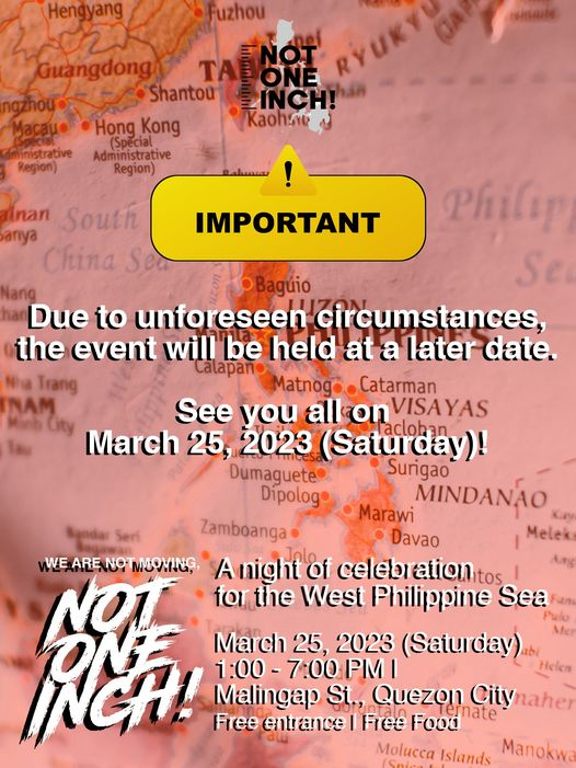 catcolony10's tweet photo. 🚨ANNOUNCEMENT🚨
Due to unforeseen circumstances, the event will be held at a later date. 
See you all on March 25, 2023!
#NotOneInch
#AtinAngWPS
#AtinAngPinas https://t.co/W1B7n22ESP
