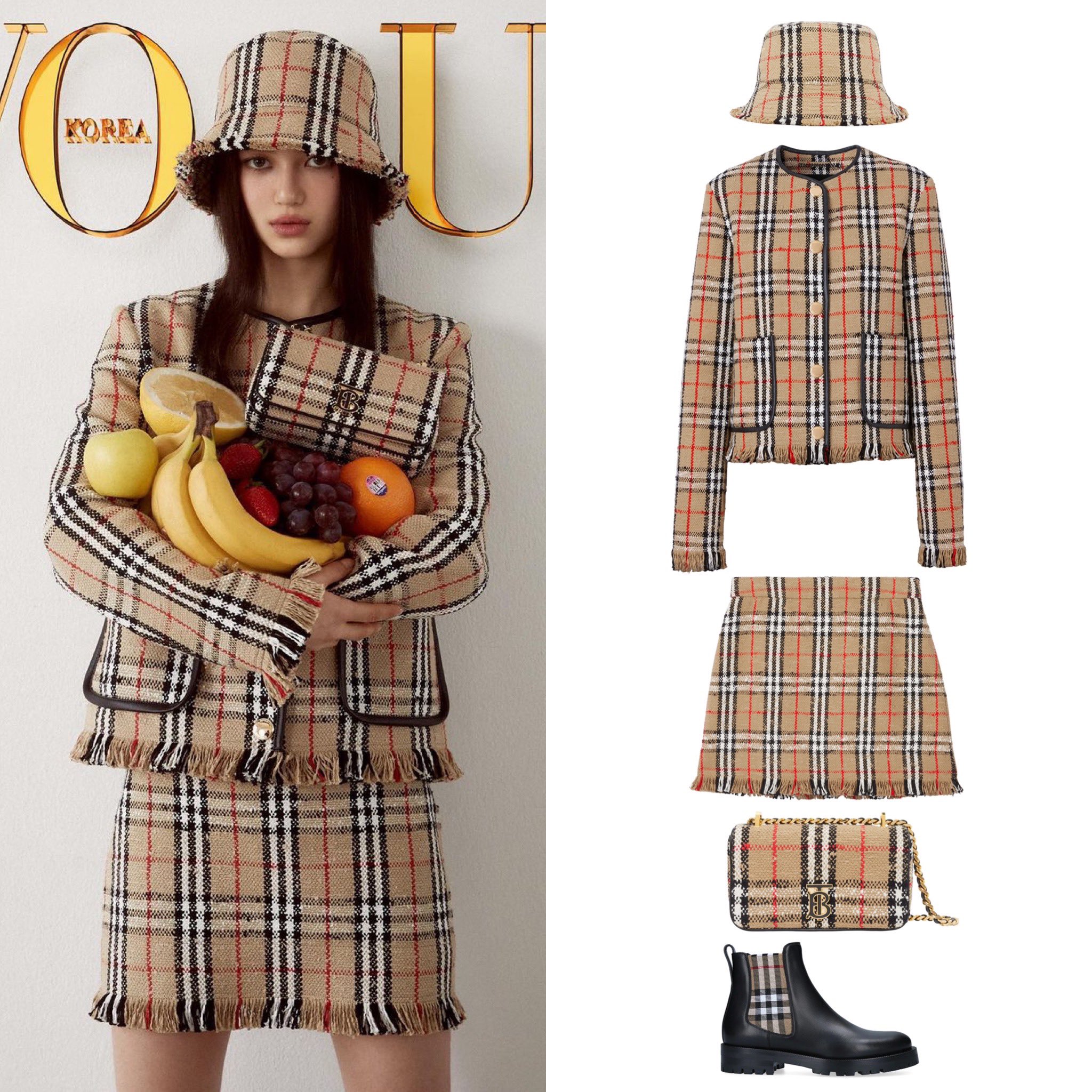 NewJeans Outfits on X Vogue Korea Burberry Check Boucle Bucket Hat 630 Vintage Check Boucle Collarless Jacket 2 790 Vintage Check Boucle Mini Skirt 1 250 Mini Lola Bag 1 750 Vintage Check Detail Leath...